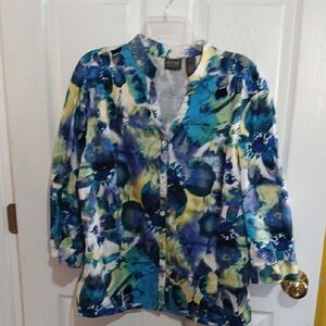 Chico's Blue and Yellow Abstract Blouse